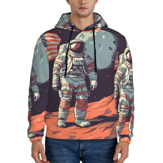 Pofeuu Astronaut With American Flag Print Mens Casual Hooded Collar Drawstring Hoodies Pullover Sweatshirts Casual Long Sleeve Shirts-4X-Large