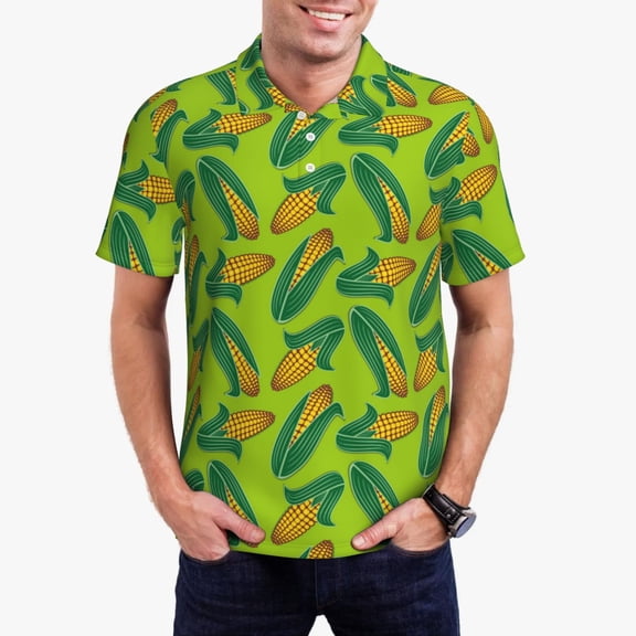 Pofeuu Autumn Corn Print Men's Loose Fit Midweight Short-Sleeve Pocket Polo-Small