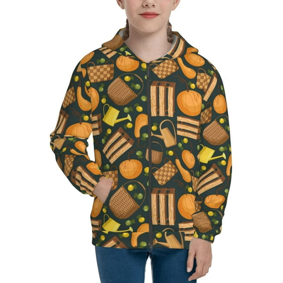 Pofeuu Autumn Harvest Pumpkin Basket Print Teenage Zipper Hoodie Sweatshirts Hooded Casual Jackets With Pocket For Boys Girls-Medium