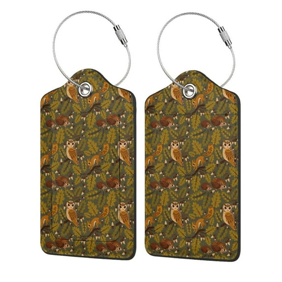 Pofeuu Autumn Leaves Owl Squirrel Print Luggage Tags, Privacy Cover ID Label with Stainless Steel Loop and Address Card for Travel Bag Suitcase-1