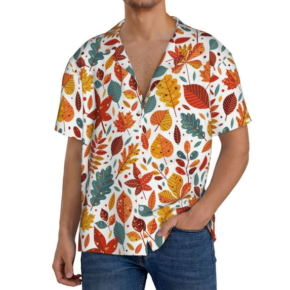 Pofeuu Autumn Leaves Print Mens Casual Short Sleeve Shirts Beach Summer Spread Collar Pocket Tops Men's Casual Short-sleeved Shirt-Medium