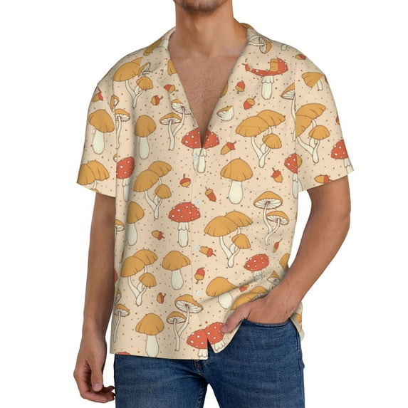 Pofeuu Autumn Mushrooms Print Mens Casual Short Sleeve Shirts Beach Summer Spread Collar Pocket Tops Men's Casual Short-sleeved Shirt-Large