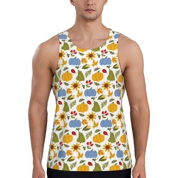 Pofeuu Autumn Pumpkins Blooms Print Men's Workout Tank Tops Sleeveless Muscle Gym Shirt Quick Dry-Medium
