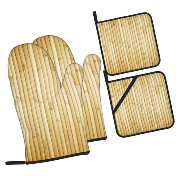 Pofeuu Bamboo Wall Print Oven Mitts and Pot Holders 4 pcs Set,High Heat Resistant 500 Degree Extra Thicken Long Kitchen Cotton Oven Glove for Cooking