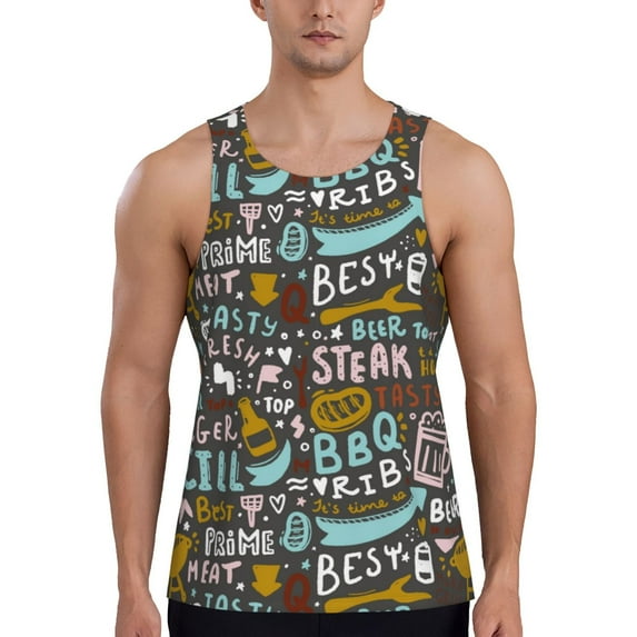Pofeuu Barbeque Print Men's Workout Tank Tops Sleeveless Muscle Gym Shirt Quick Dry-4X-Large