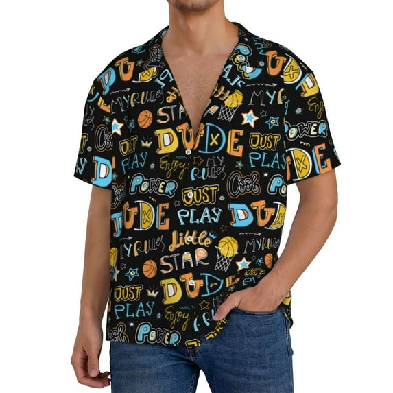 Pofeuu Basketball Print Mens Casual Short Sleeve Shirts Beach Summer Spread Collar Pocket Tops Men's Casual Short-sleeved Shirt-Medium