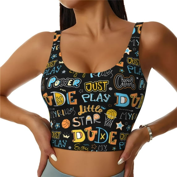 Pofeuu Basketball Print Sports Bra for Women Sexy Vest Yoga Running Gym Fitness Crop Bras Tops-Small