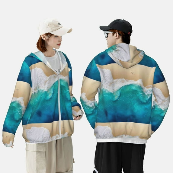 Pofeuu Beach Print Sun Protection Outdoor Lightweight Full Zip UV Cooling Hoodie Long Sleeve Summer Clothing for Outdoor Hiking-Medium