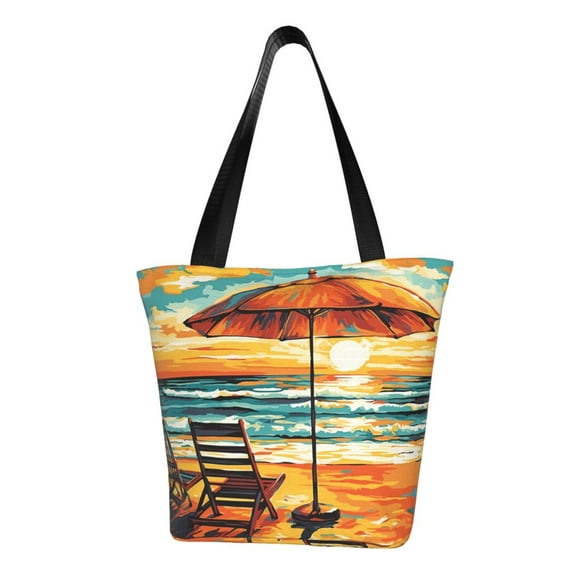 Pofeuu Beach Umbrella Sunset Print Women Fashion Shoulder Handbags Top Handle Satchel Bags Tote Shoulder Shopping Bag Stylish Canvas Tote Bag