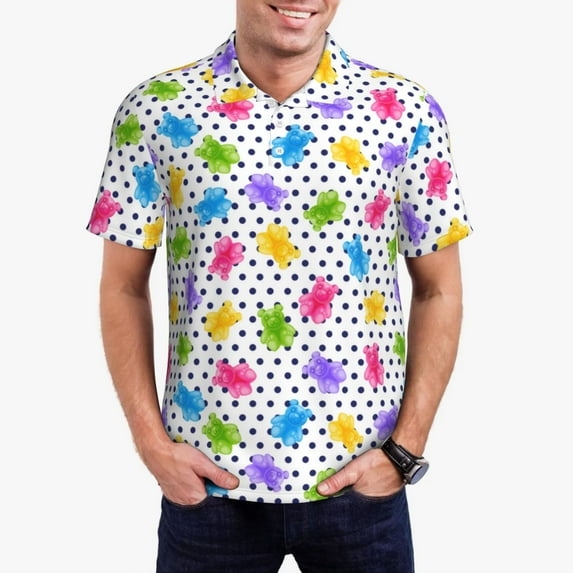 Pofeuu Bear And Polka Dot Print Men's Loose Fit Midweight Short-Sleeve Pocket Polo-3X-Large