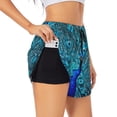 thumbnail image 1 of Pofeuu Beautiful Blue Peacock Print Women's Athletic Shorts Running Workout Shorts Tummy Control Quick Dry Gym Shorts with Pockets Double layer sports shorts-Large, 1 of 7