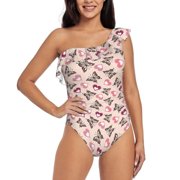 Pofeuu Beautiful Butterflies and Hearts Print Women's One Piece Swimsuits One Shoulder Swimwear Asymmetric Ruffle Monokinis Bathing Suits-Small
