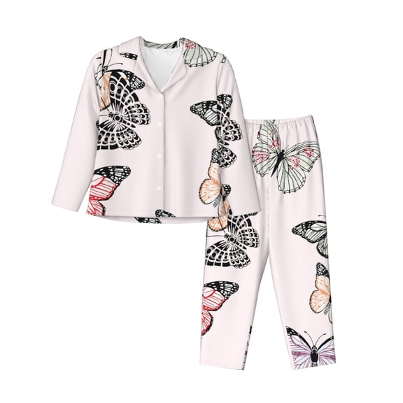 Pofeuu Beautiful Butterfly Print Womens Pajamas Set Long Sleeve Sleepwear Button Down Nightwear Soft Pj Lounge Sets Button Down Pajamas Women-Medium