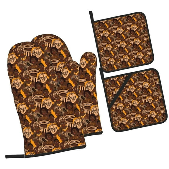 Pofeuu Beautiful Ethnic African Women Print Oven Mitts and Pot Holders 4 pcs Set,High Heat Resistant 500 Degree Extra Thicken Long Kitchen Cotton Oven Glove for Cooking