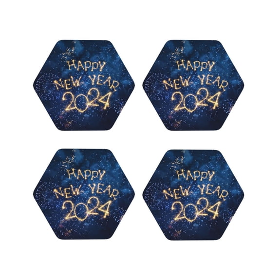 Pofeuu Beautiful New Year 2024 Print Coasters for Drinks, 4Pack PU Leather Coasters, Bar Drink Coasters for Tabletop Protection, Furniture from Damage-Hexagon