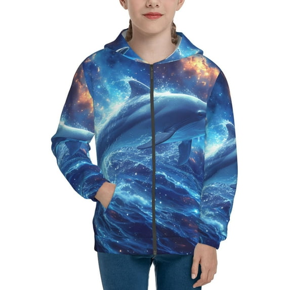 Pofeuu Beautiful Ocean Dolphin Print Teenage Zipper Hoodie Sweatshirts Hooded Casual Jackets With Pocket For Boys Girls-Small