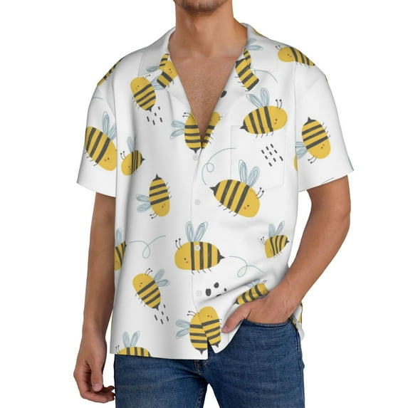 Pofeuu Bee Print Mens Casual Short Sleeve Shirts Beach Summer Spread Collar Pocket Tops Men's Casual Short-sleeved Shirt-3X-Large