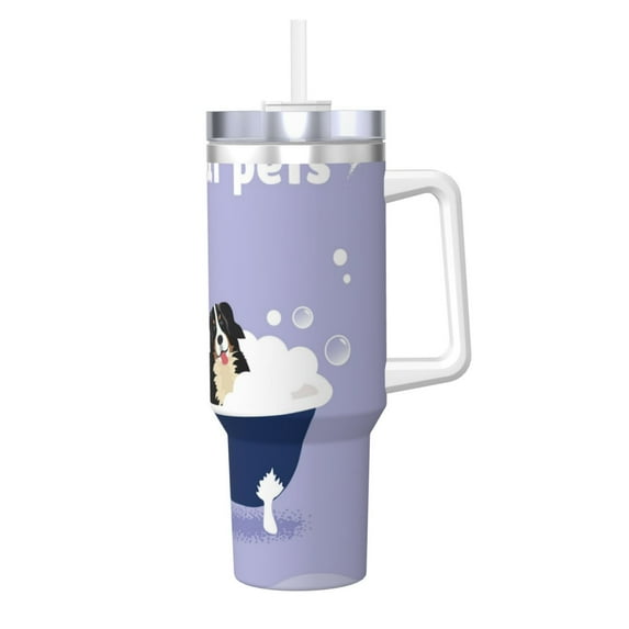 Pofeuu Bernese Mountain Dog Sitting Bath Tub Print 40oz Ice Bully With Handle And Straw Stainless Steel Vacuum Insulated Cup And 2 In 1 Straw Lid