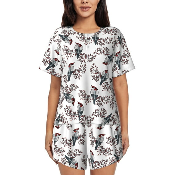 Pofeuu Bird Print Women's Pajama Set Short/Shorts Soft Button PJs Elastic Drawstring Waist Sleepwear-X-Large
