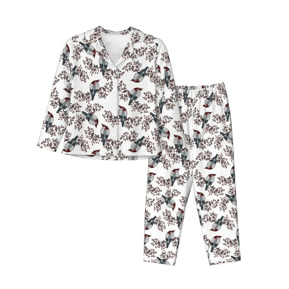 Pofeuu Bird Print Womens Pajamas Set Long Sleeve Sleepwear Button Down Nightwear Soft Pj Lounge Sets Button Down Pajamas Women-Large