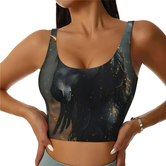 Pofeuu Black And Gold White Horse Print Sports Bra for Women Sexy Vest Yoga Running Gym Fitness Crop Bras Tops-Large
