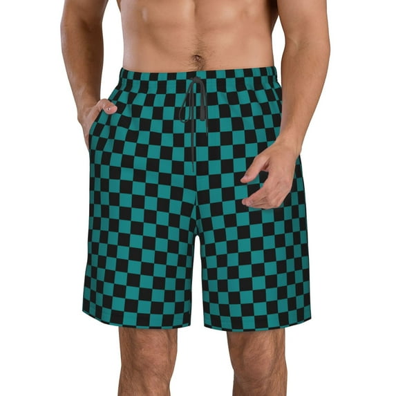 Pofeuu Black And Teal Checkerboard Prin Men's Swim Trunks Quick Dry Bathing Suit Swimming Board Shorts Mesh Lining Beach Swimwear-X-Large