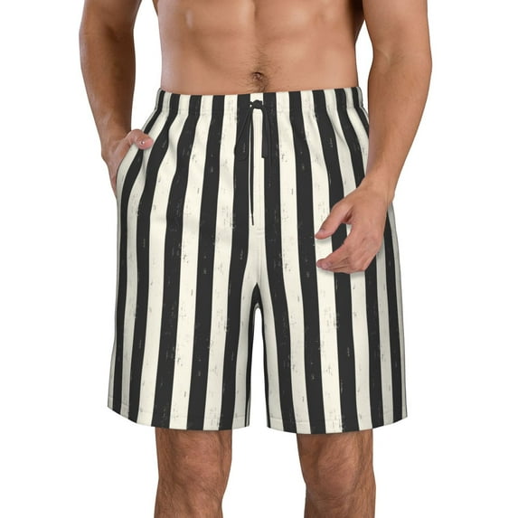 Pofeuu Black And White Thick Stripes Prin Men's Swim Trunks Quick Dry Bathing Suit Swimming Board Shorts Mesh Lining Beach Swimwear-Small