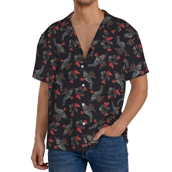 Pofeuu Black Roosters Print Mens Casual Short Sleeve Shirts Beach Summer Spread Collar Pocket Tops Men's Casual Short-sleeved Shirt-4X-Large