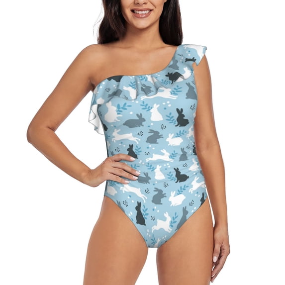 Pofeuu Black White Gray Rabbit Print Women's One Piece Swimsuits One Shoulder Swimwear Asymmetric Ruffle Monokinis Bathing Suits-Medium