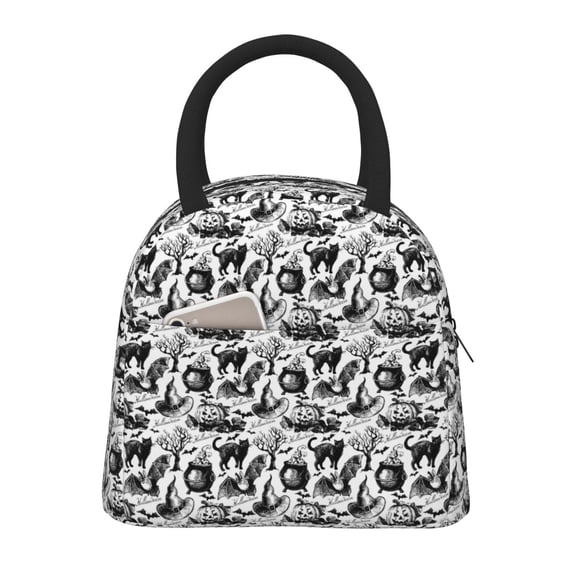 Pofeuu Black White Halloween Print Lunch Bag for Adult Insulated Lunch Box,Leakproof Cooler Food Lunch Containers Reusable High Capacity Lunch Tote Bags-One Size