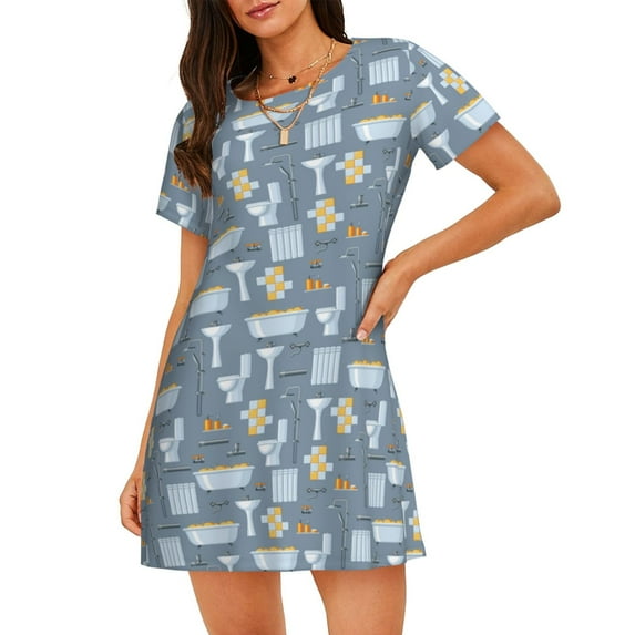 Pofeuu Blue Bathroom Print Women's Loose Fit Short Sleeve Nightgown, Comfortable Sleep Dress for Women, Casual Lounge Sleepwear, Soft Cotton Sleep Dress