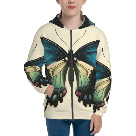 Pofeuu Blue Black Butterfly Art Print Teenage Zipper Hoodie Sweatshirts Hooded Casual Jackets With Pocket For Boys Girls-Medium