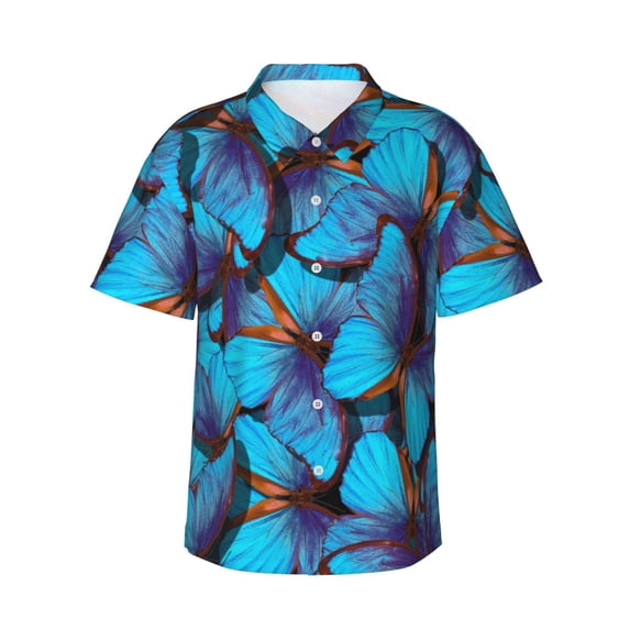 Pofeuu Blue Butterflies Print Hawaiian Shirt for Men Sleeves Casual Button Down Summer Beach Dress Shirts T-Shirts,XX-Large