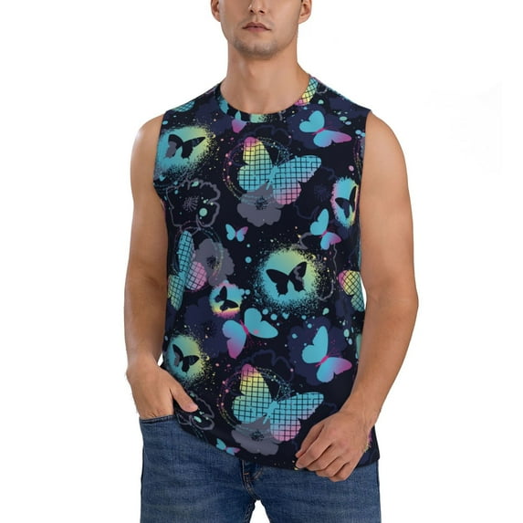 Pofeuu Blue Butterfly Print Men's Muscle T-Shirt, Sleeveless, Muscle Tank, Classic Muscle Tee Top For Men Casual Sleeveless Muscle T-Shirt Trendy Clothes-Small