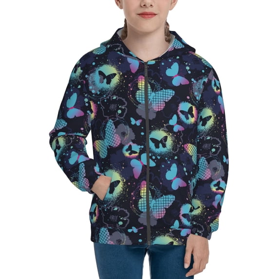 Pofeuu Blue Butterfly Print Teenage Zipper Hoodie Sweatshirts Hooded Casual Jackets With Pocket For Boys Girls-Small