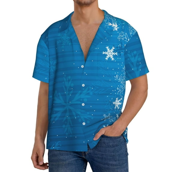 Pofeuu Blue Christmas Print Mens Casual Short Sleeve Shirts Beach Summer Spread Collar Pocket Tops Men's Casual Short-sleeved Shirt-Medium