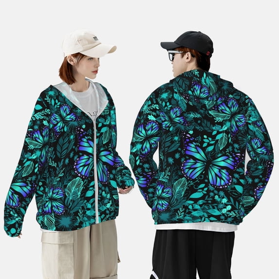 Pofeuu Blue Floral with Butterflies Print Sun Protection Outdoor Lightweight Full Zip UV Cooling Hoodie Long Sleeve Summer Clothing for Outdoor Hiking-Large