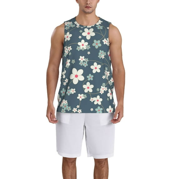 Pofeuu Blue Flower Print Basketball Jersey, Shirts for Men Youth Basketball Jersey Crew Neck-XX-Large