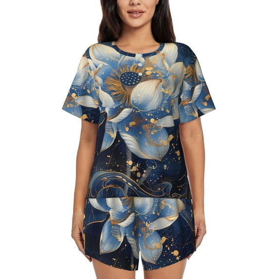 Pofeuu Blue Golden Dream Lotus Print Women's Pajama Set Short/Shorts Soft Button PJs Elastic Drawstring Waist Sleepwear-Small