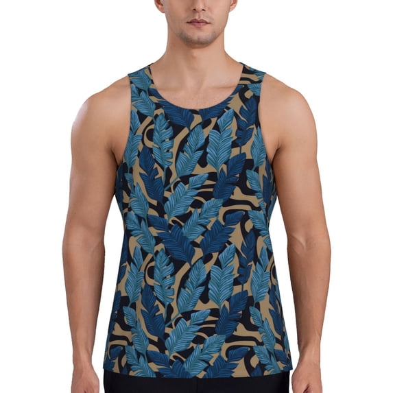 Pofeuu Blue Leaves A Print Men's Workout Tank Tops Sleeveless Muscle Gym Shirt Quick Dry-Medium