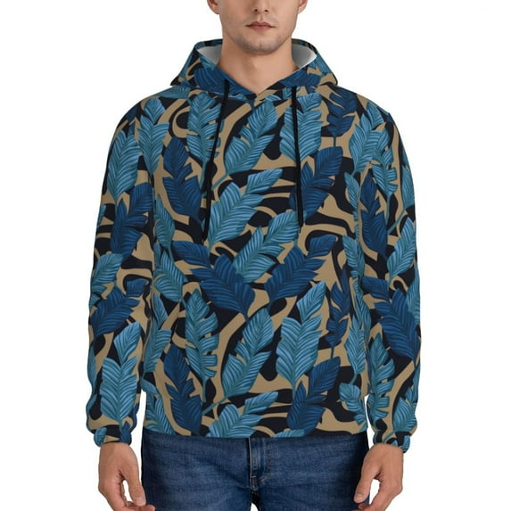 Pofeuu Blue Leaves A Print Mens Casual Hooded Collar Drawstring Hoodies Pullover Sweatshirts Casual Long Sleeve Shirts-3X-Large