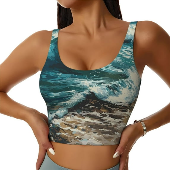 Pofeuu Blue Ocean Waves Print Sports Bra for Women Sexy Vest Yoga Running Gym Fitness Crop Bras Tops-XX-Large