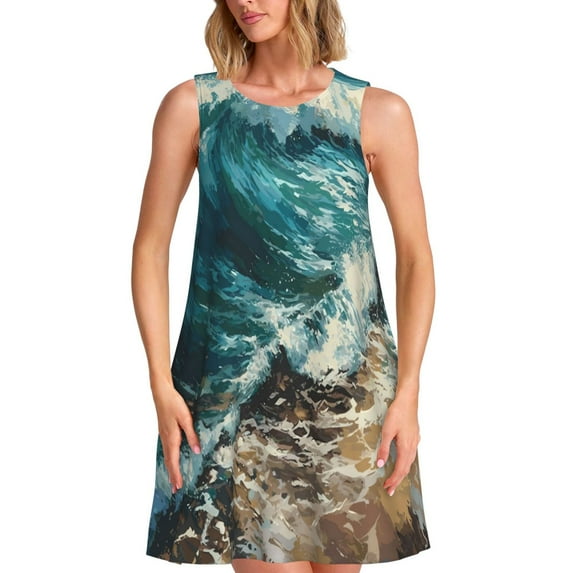 Pofeuu Blue Ocean Waves Print Women's Sleeveless Dress, Loose Fit Summer Dress, Casual Tank Dress for Women