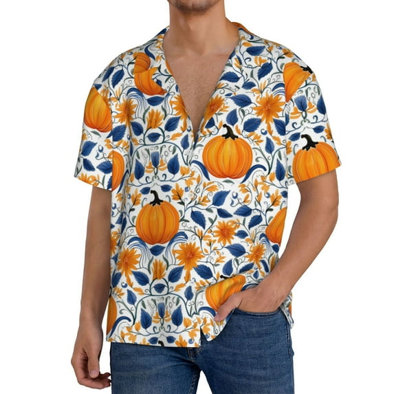 Pofeuu Blue Orange Pumpkin fall Print Mens Casual Short Sleeve Shirts Beach Summer Spread Collar Pocket Tops Men's Casual Short-sleeved Shirt-Medium
