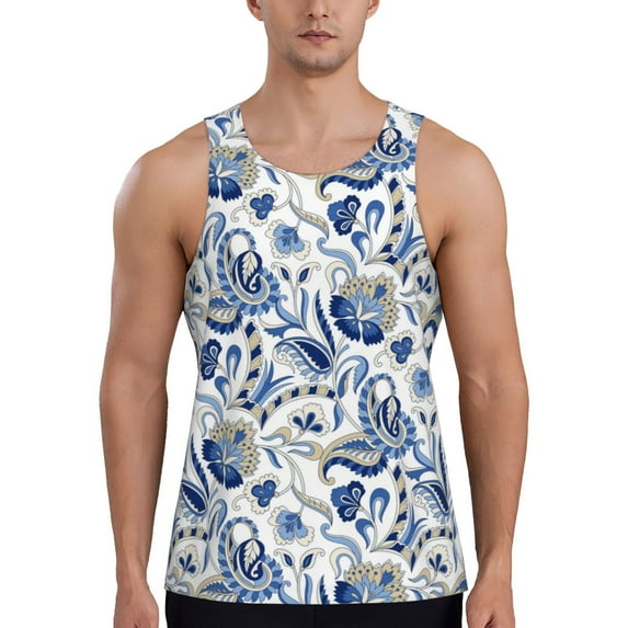 Pofeuu Blue Paisley Print Men's Workout Tank Tops Sleeveless Muscle Gym Shirt Quick Dry-3X-Large