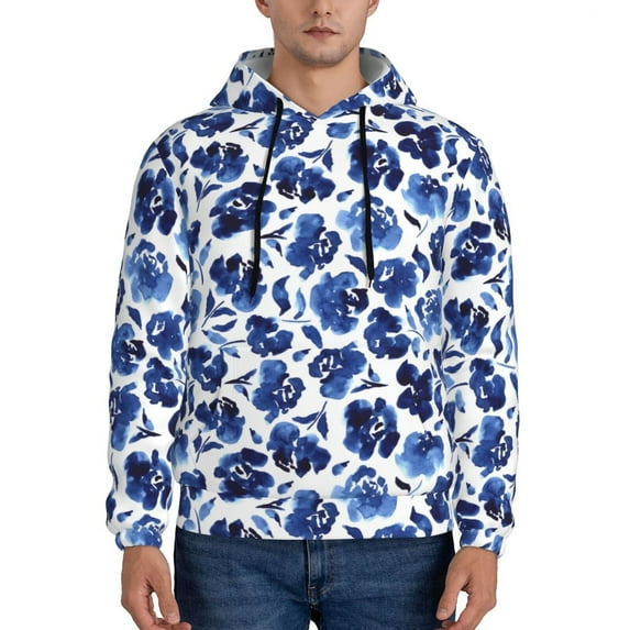 Pofeuu Blue Roses Print Mens Casual Hooded Collar Drawstring Hoodies Pullover Sweatshirts Casual Long Sleeve Shirts-Medium