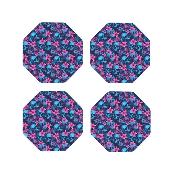 Pofeuu Blue Skull Flower Print Coasters for Drinks, 4Pack PU Leather Coasters, Bar Drink Coasters for Tabletop Protection, Furniture from Damage-Octagon