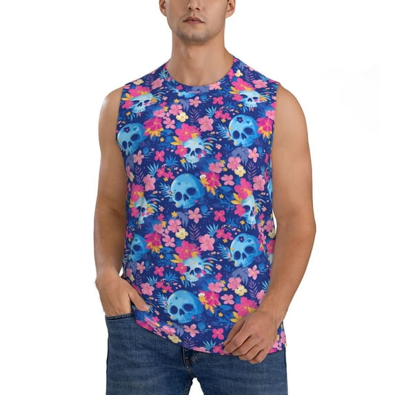 Pofeuu Blue Skull Flower Print Men's Muscle T-Shirt, Sleeveless, Muscle Tank, Classic Muscle Tee Top For Men Casual Sleeveless Muscle T-Shirt Trendy Clothes-XX-Large