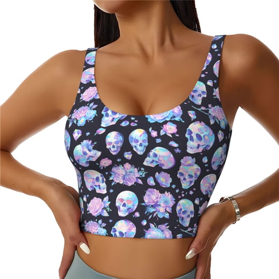 Pofeuu Blue Skull Flower Print Sports Bra for Women Sexy Vest Yoga Running Gym Fitness Crop Bras Tops-Small