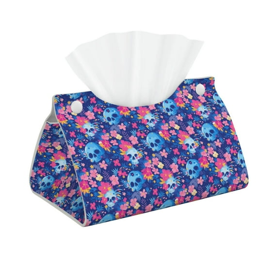 Pofeuu Blue Skull Flower Print Tissue Box Cover, Modern Decorative PU Leather Rectangular Tissue Box Case Organizer Holder for Vanity Countertop, Night Stands, Livingroom